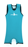 Turquoise Children's Warm Belly Wetsuit with black trim, showcasing a sleeveless design transitioning seamlessly into shorts. The Warm Belly Wetsuit logo is printed in the center of the chest on the garment. Shown in size extra small. 